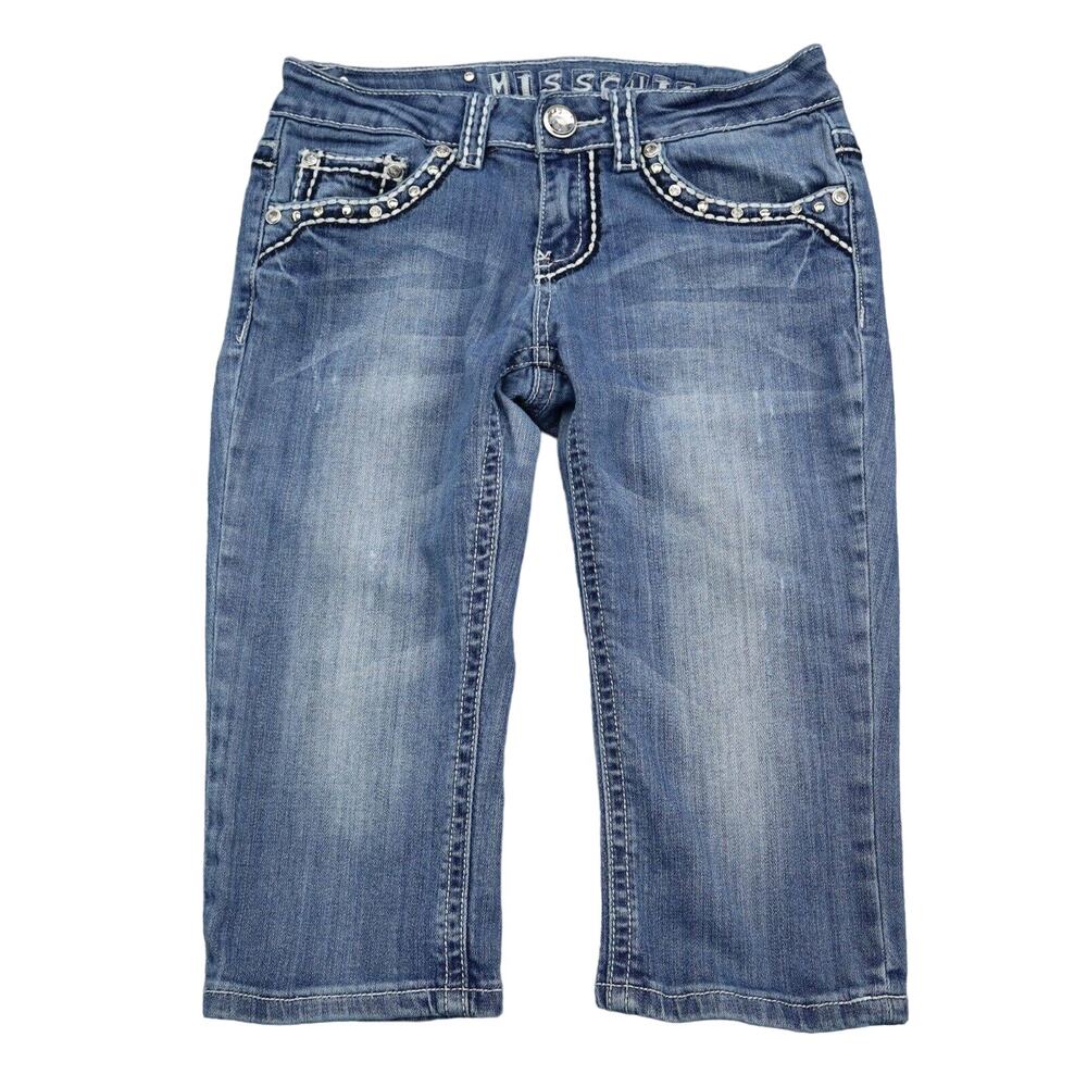 Miss Chic Pants Womens 3 Blue Capri Low Rise Rhinestone Pocket Zip Denim Jeans